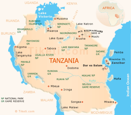 Safari en Tanzanie et faits et chiffres sur les vacances à la plage de Zanzibar - Carte des vacances